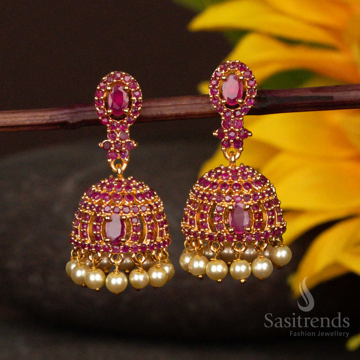 Rich Ruby Micro Gold Plated Jhumka Earrings With Multi Gem Pearl Dropping And Detailed Leaf Motif Festive Jewellery - Sasitrends