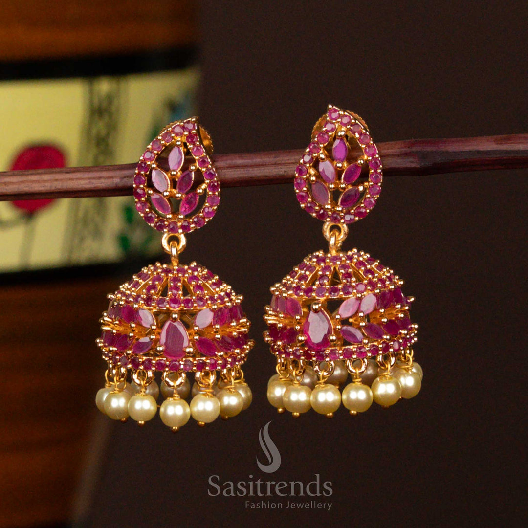 Rich Ruby Micro Gold Plated Jhumka Earrings With Pearls And Elegant Leaf Cluster Motif For Festive Jewellery - Sasitrends