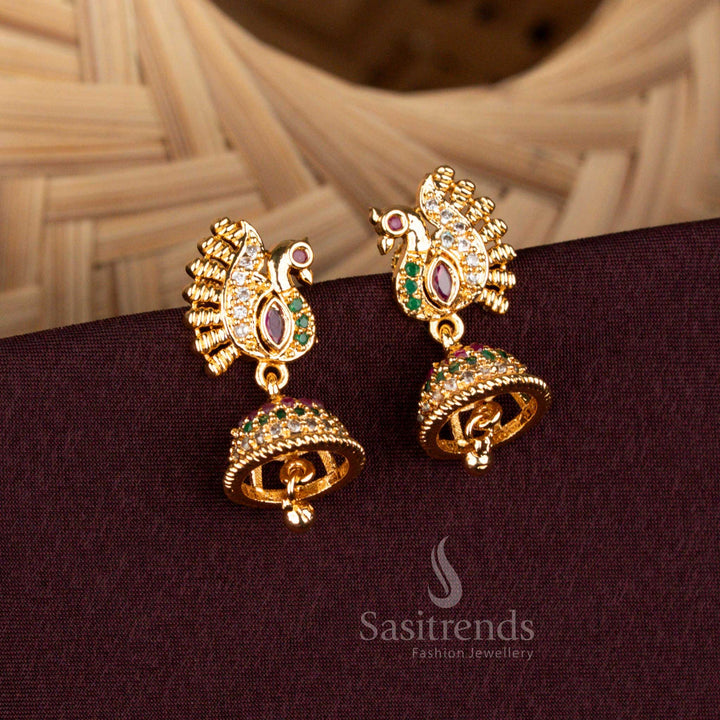 Guaranteed Micro Gold Plated Peacock Jhumka Earrings with AD Stones for Traditional Wear