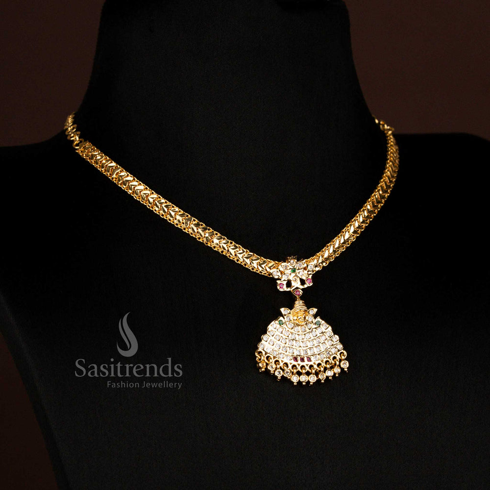Divine Impon Addigai One Gram Micro Gold Plated Multi God Motif Floral Dome Pendant Necklace With Bead Drops Made For Religious And Bridal Occasions - Sasitrends