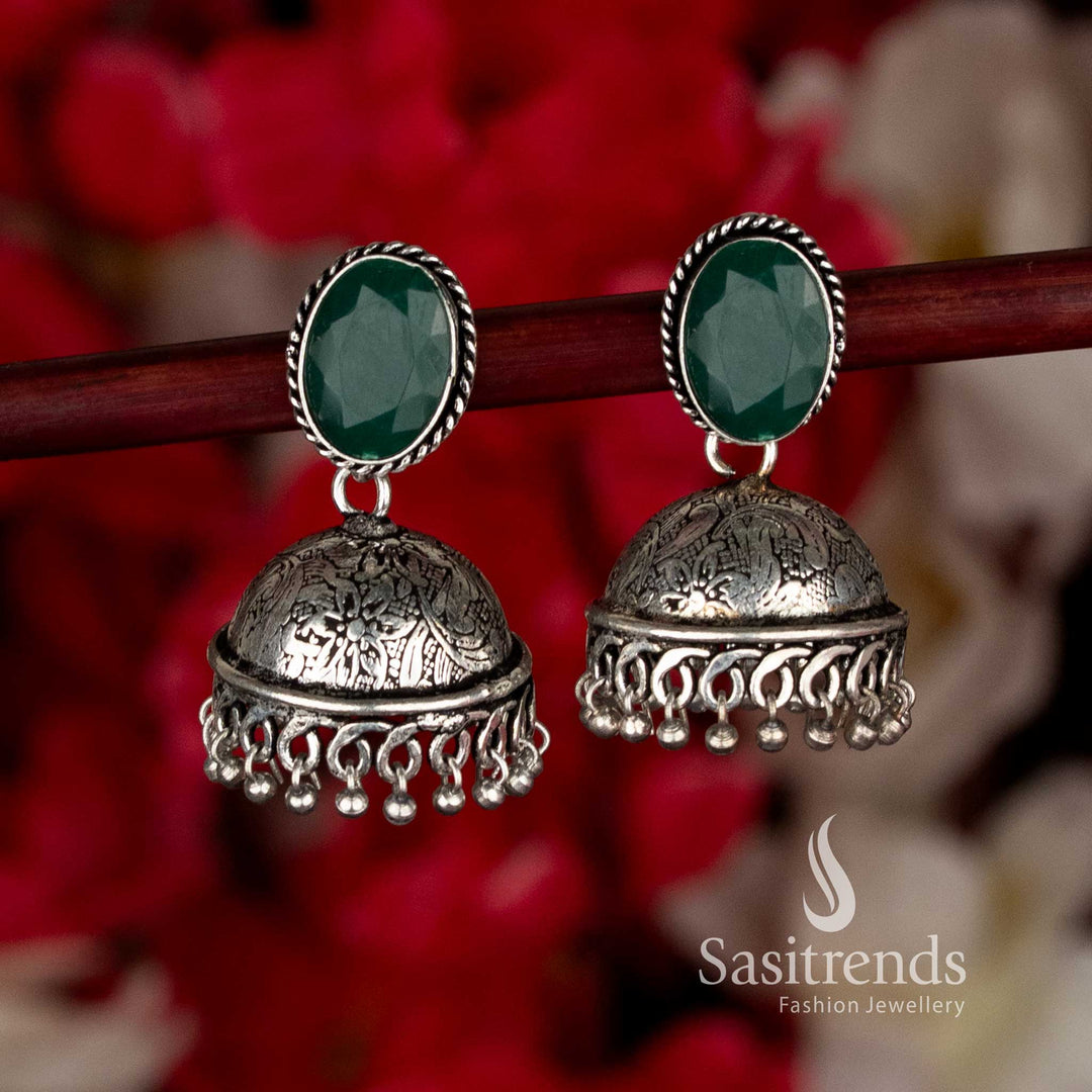 Refreshing green oxidised oval stone jhumka earrings with graceful hanging beads designed for Navaratri charm and ethnic elegance by Sasitrends