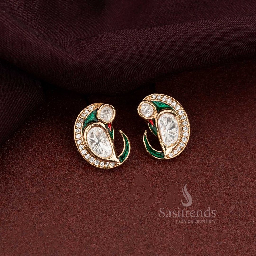 Beautiful Green Kundan Stud Earrings In Paisley Mango Shape With Enamel And Swirl Finish For Cultural Celebrations - Sasitrends
