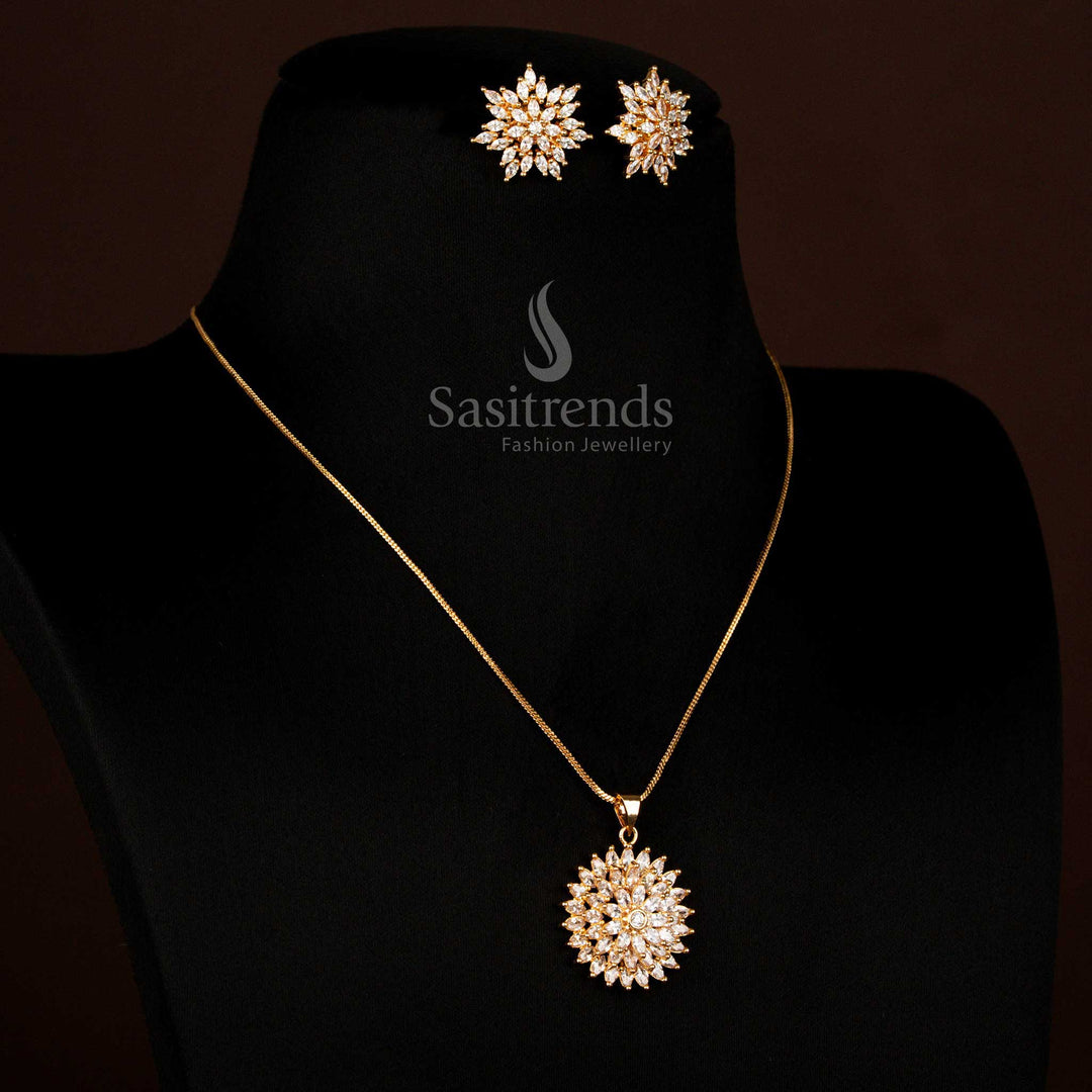 Radiant white Micro Gold Plated necklace featuring flower-shaped American Diamond pendant, ideal for luxury festive occasions – Sasitrends