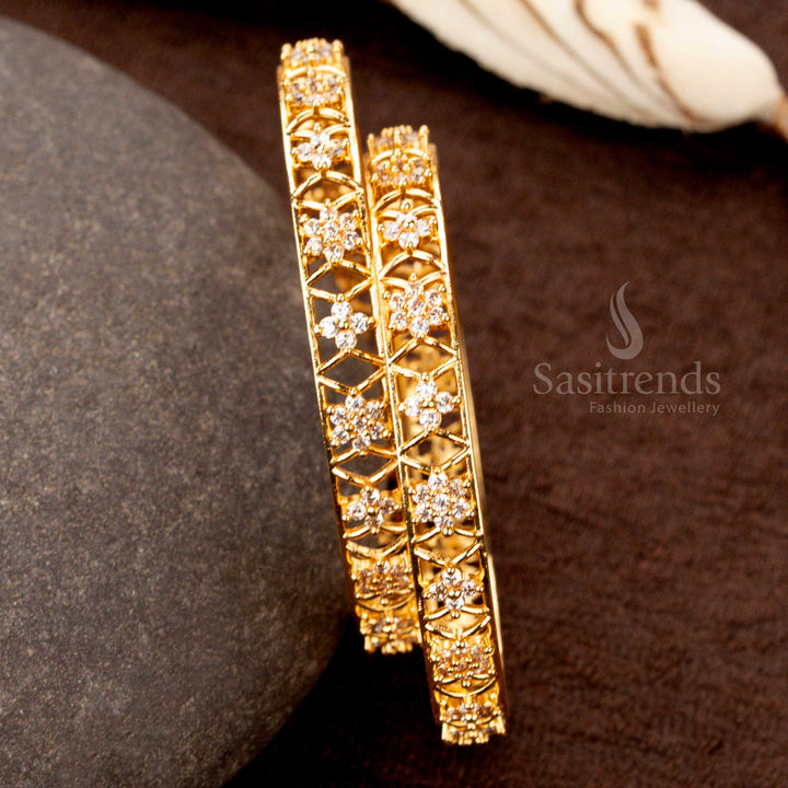 Elegant One Gram Gold Bangles with Diamond-Studded Floral Design – Sasitrends