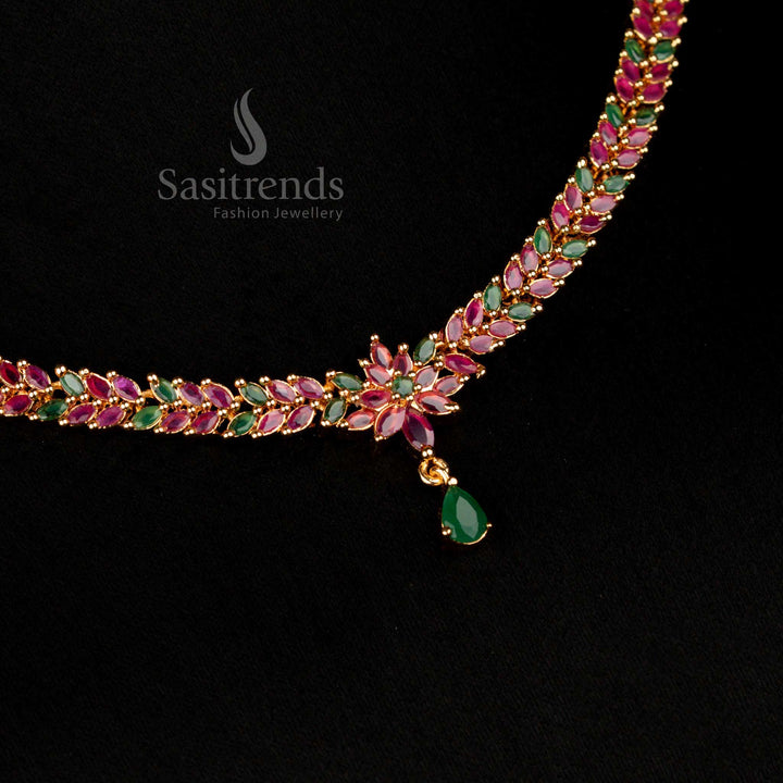 Majestic micro gold American Diamond necklace jewellery set in vibrant ruby–green combination, highlighted by marquise stone floral vine craftsmanship and a refined teardrop pendant for a regal traditional finish – Sasitrends