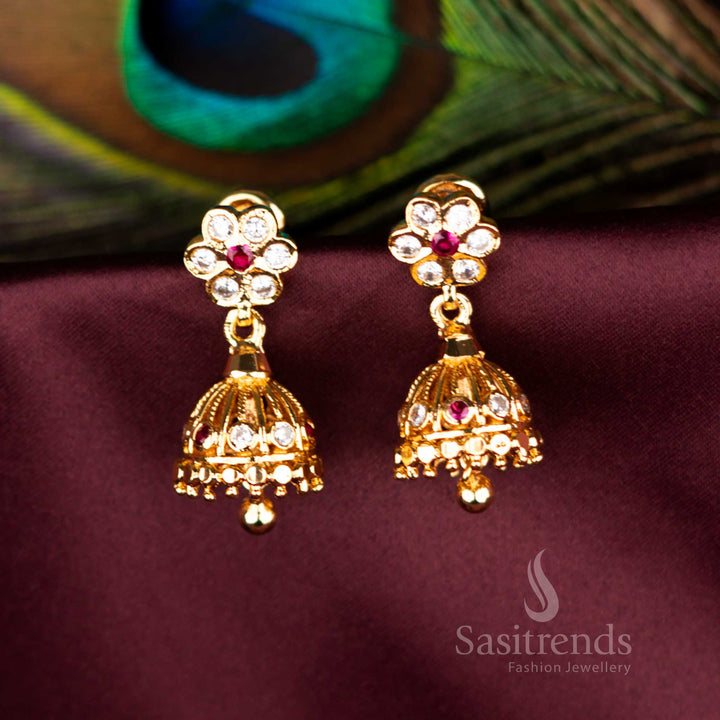 Guaranteed Micro Gold Plated Impon Floral Jhumka Dome With Bead Drops Earrings for Festive Wear