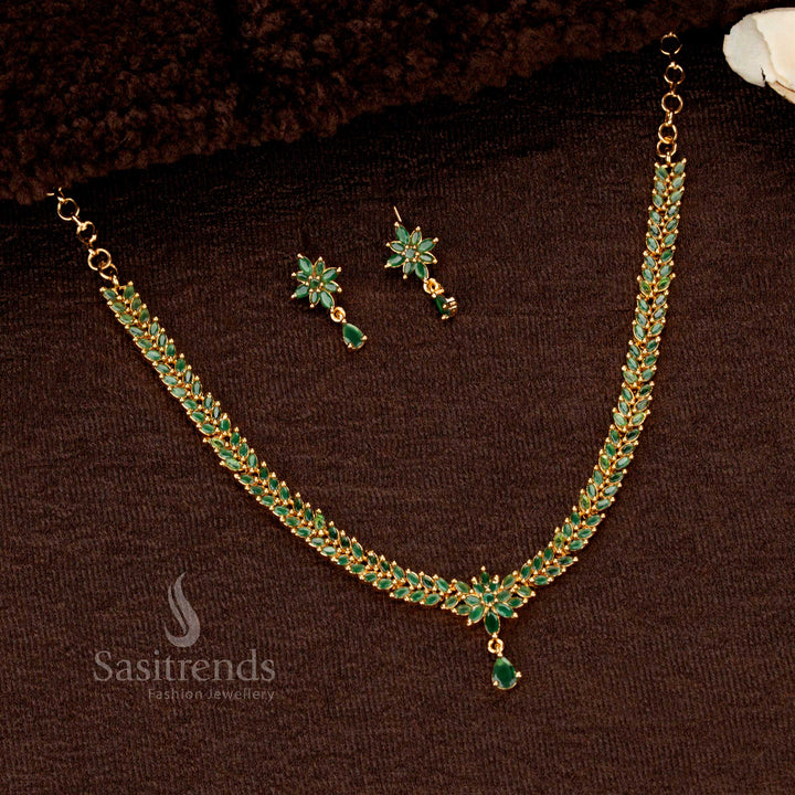 Traditional Micro Gold Plated AD Floral Vine Green Necklace Set, Marquise Stone Leaf Clusters, High-Quality Finish – Sasitrends