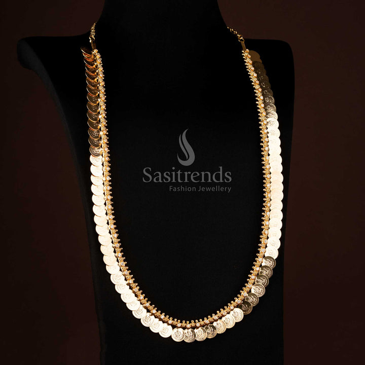 Stunning guaranteed micro gold plated Kerala necklace jewellery with Lakshmi coin and white stone, designed for ethnic cultural celebrations and festive bridal styling with refined detailing by Sasitrends