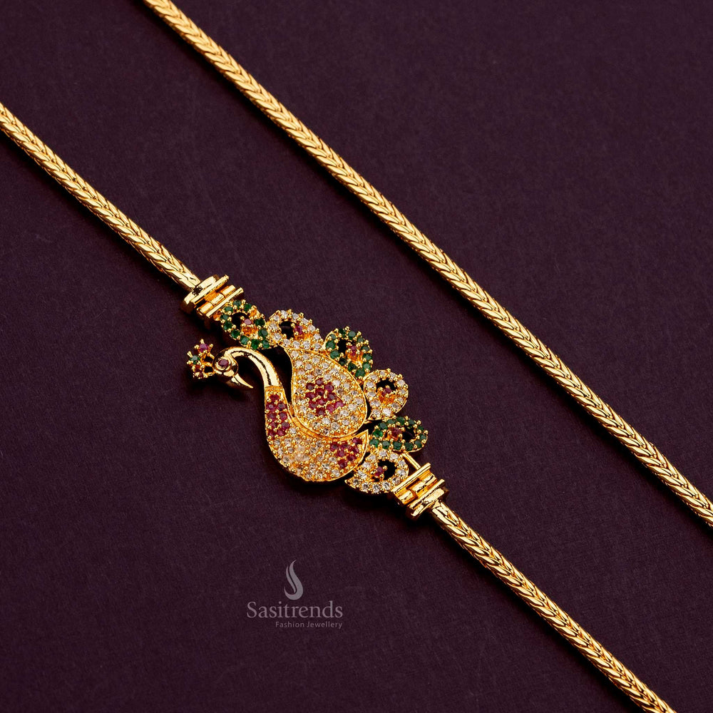 Micro gold plated peacock mugappu chain with multi-colored AD stones, perfect for enhancing traditional outfits - Sasitrends