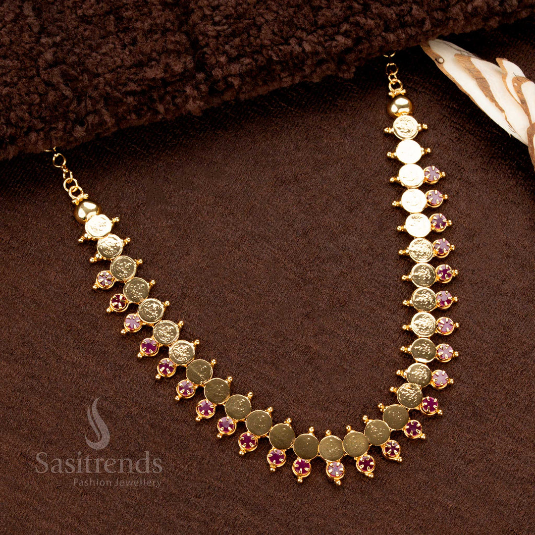 Handcrafted Kerala Temple Necklace with Divine Lakshmi Coin Charms, Micro Gold Coating, and Ruby AD Stone Detailing – Exquisite Ethnic Jewellery for Bridal Grandeur - Sasitrends