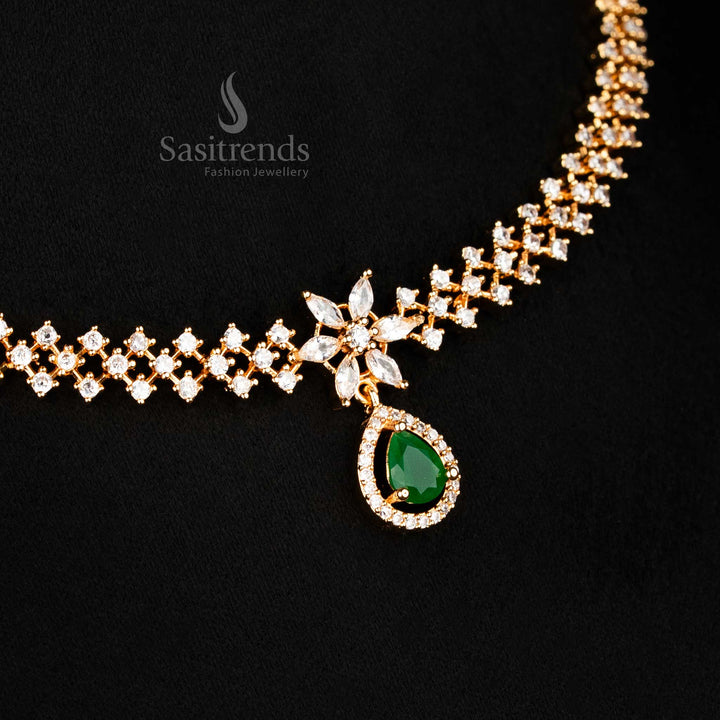 White-green micro gold plated necklace featuring AD stones and floral-inspired craftsmanship, elegant ethnic jewellery by sasitrends