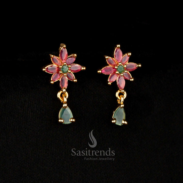 Majestic micro gold American Diamond earrings in vibrant ruby–green, adorned with marquise stone leaf clusters and a floral vine teardrop drop for a regal traditional style – Sasitrends.