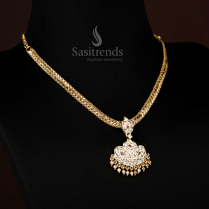 Radiance Traditional Impon Micro Gold Plated Attigai Necklace in White-Ruby Featuring Ornate Patterns for Wedding Ceremonies – Sasitrends