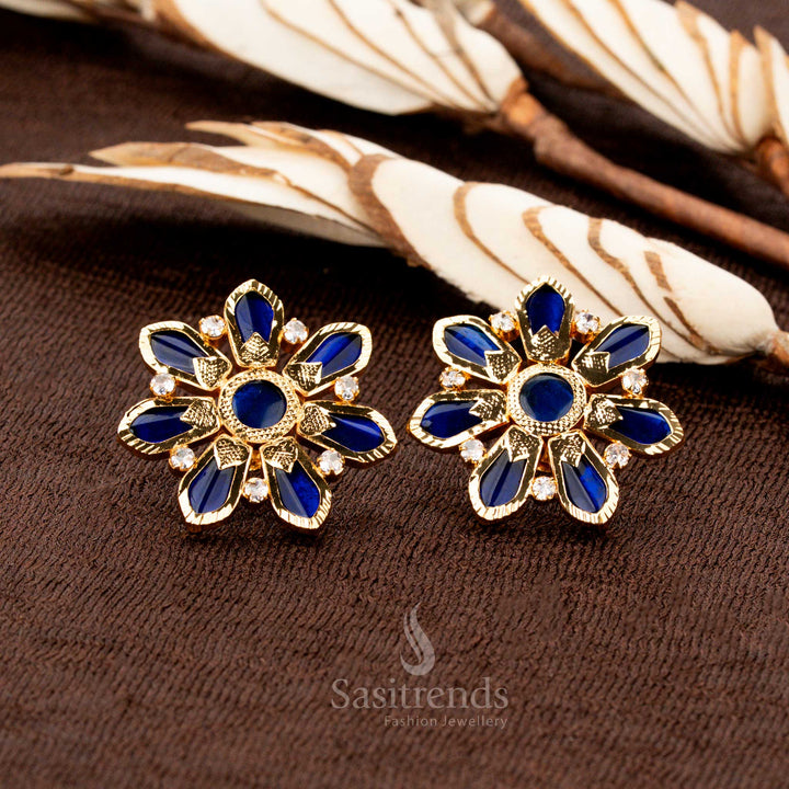 Majestic one gram gold plated earrings featuring a round blue Palakka Nagapadam design, intricately adorned with AD stone work, a grand Kerala traditional jewellery piece for festive occasions - Sasitrends