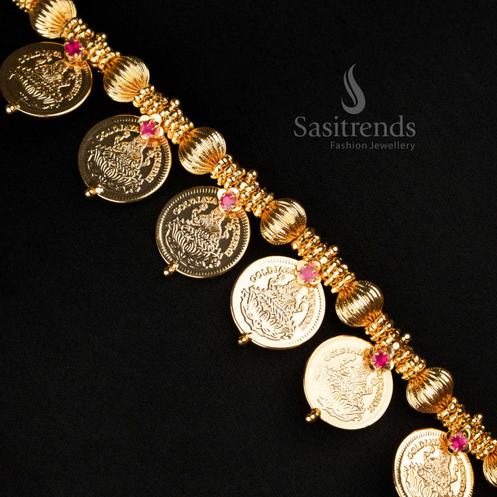 Exquisite micro gold plated Lakshmi coin long necklace set styled for traditional occasions with the richness of real gold - Sasitrends