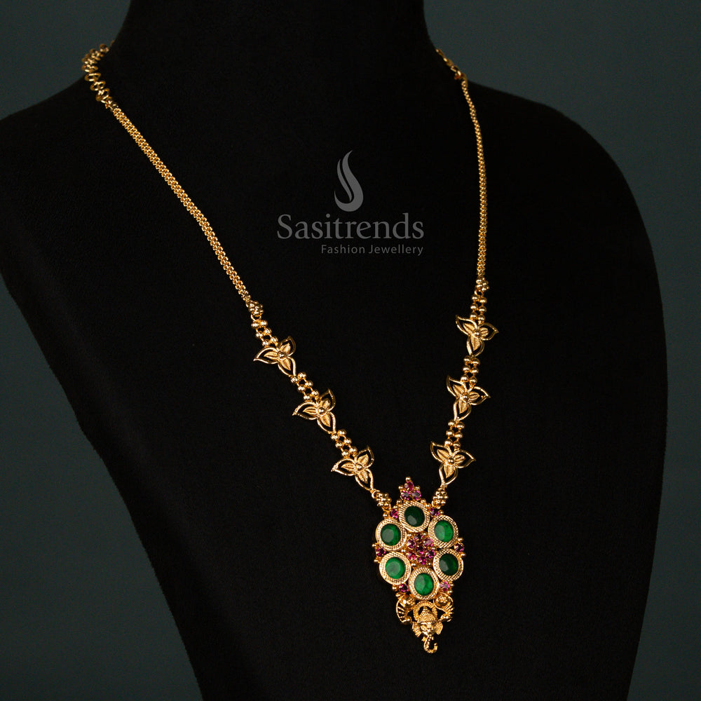 Resplendent Kerala-style micro gold plated Palakka necklace in rich ruby-green hues, featuring an intricately crafted Vinayagar motif, a lustrous round pendant - Sasitrends