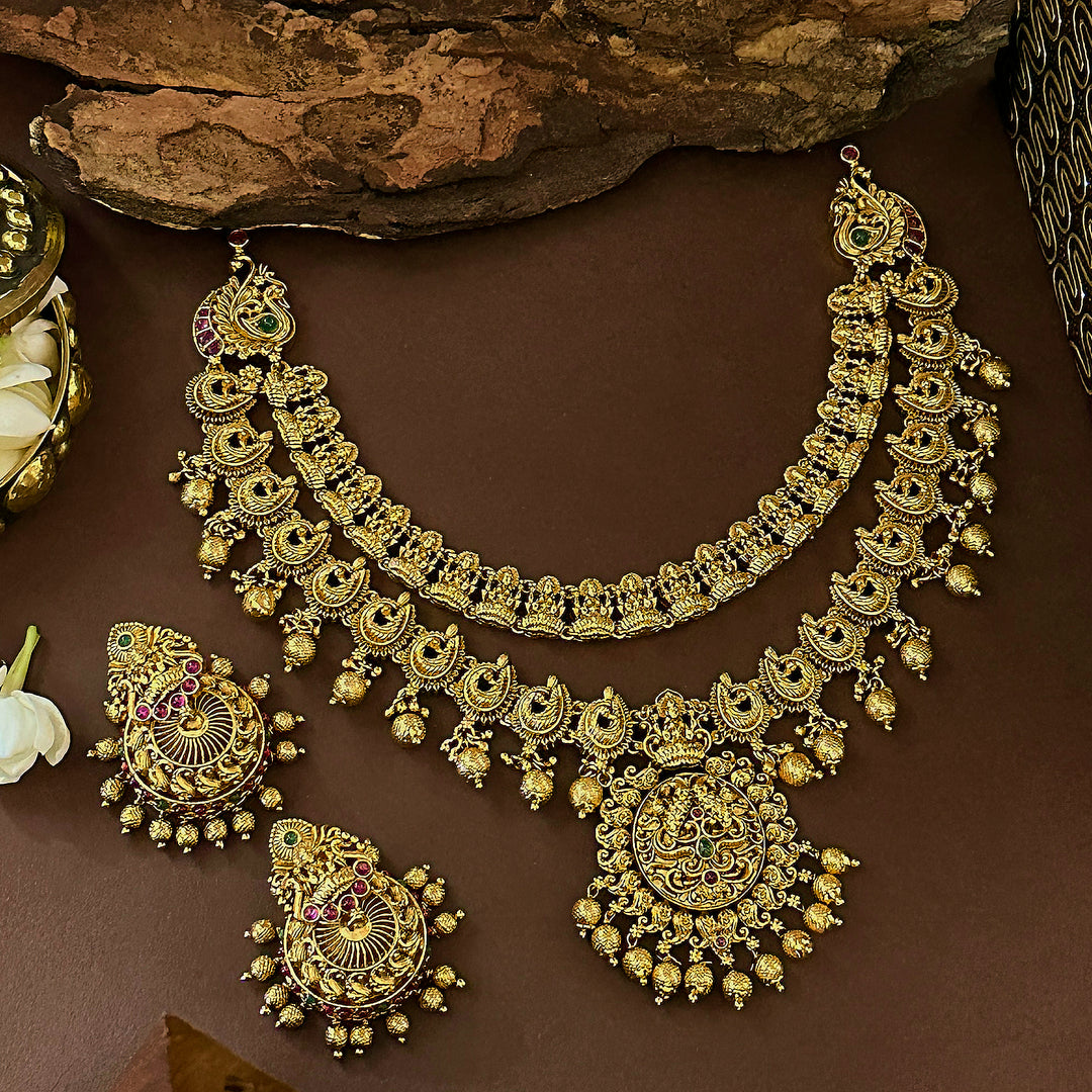 Traditional Grand Bridal Lakshmi and Peacock Necklace Set - Matte Gold Plated Jewelry for Women with Latest Jhumkas