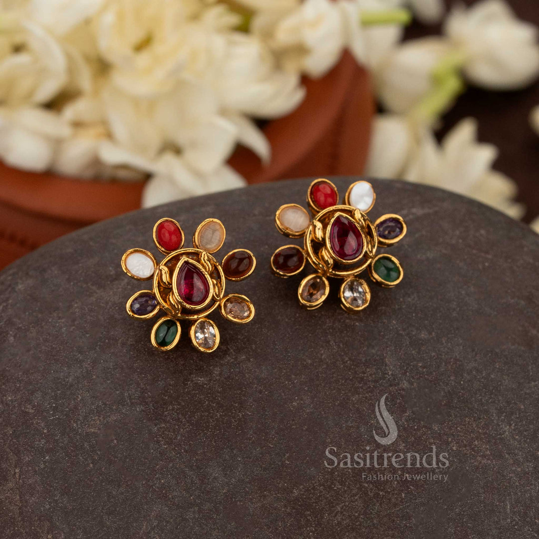 Resplendent Navarathna Stud Earrings Featuring Ornamental Nine-Gem Grandeur And Magnificent Craftsmanship – Illustrious Traditional Jewellery Perfect For Timeless Weddings And Sacred Festivals – Sasitrends