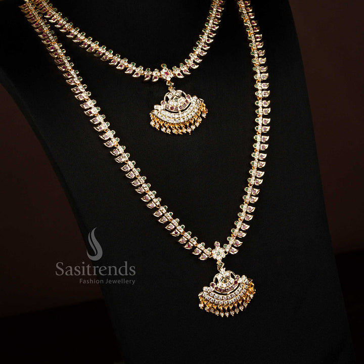 Handcrafted Impon Addigai One Gram Micro Gold Plated Multi Mango Design Short Long Combo Set With Jhumka Earrings Ideal For Bridal And Cultural Events - Sasitrends