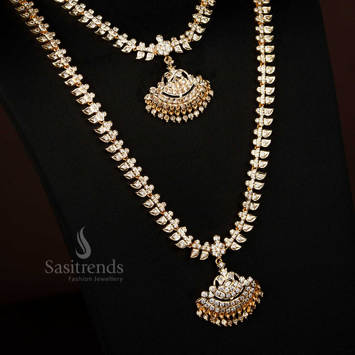 Traditional Impon Addigai One Gram Micro Gold Plated White Mango Design Short Long Combo Set With Jhumka Earrings Created For Festivals And Parties - Sasitrends