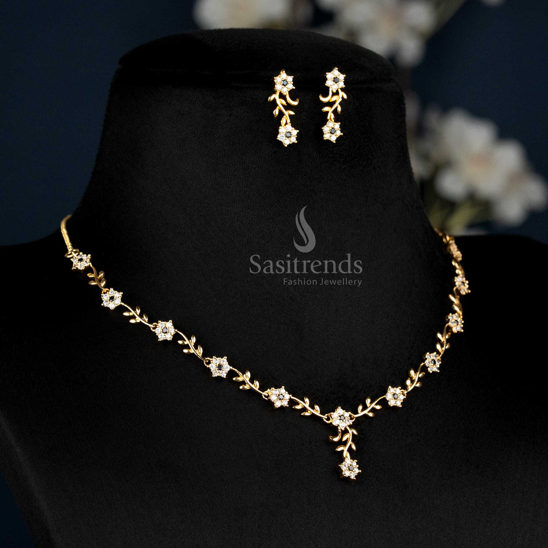 Classic White-Black American Diamond Floral Vine Necklace Set With Micro Gold Plating, Sophisticated Jewellery Designed For Modern Queens And Elite Parties – Sasitrends