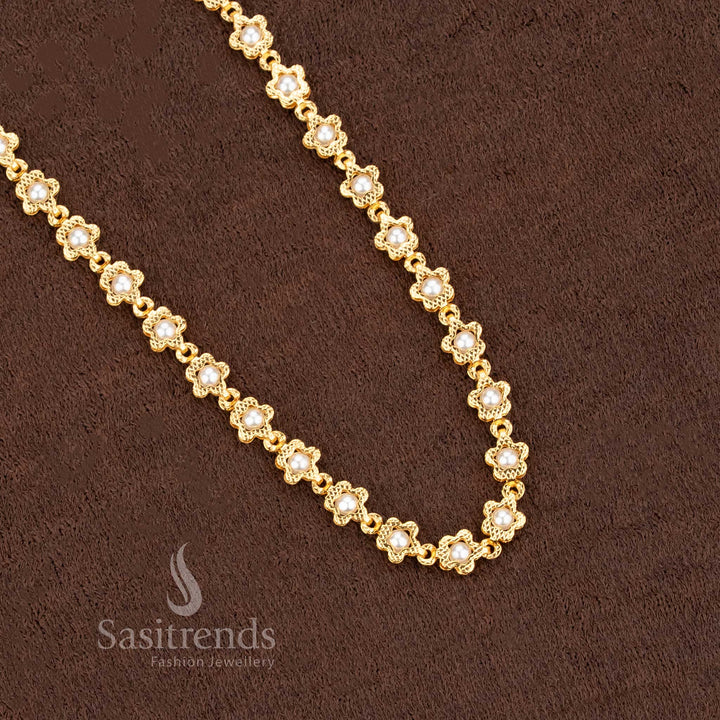Ivory pearl and gold floral chain jewellery set in a micro plated finish, combining soft pearl elegance with classic tradition – a must-have festive ensemble necklace – Sasitrends