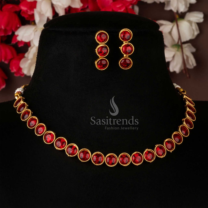Classic matte gold antique choker necklace jewellery set adorned with deep ruby stones and matching earrings, exuding royal charm and timeless elegance – perfect for festive and wedding ensembles – Sasitrends