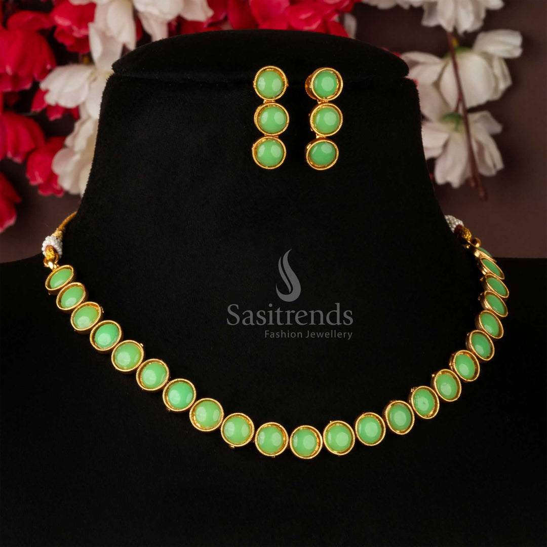 Delicate classic matte gold antique choker necklace jewellery set featuring mint green stones and matching earrings, offering a soft and elegant look for celebrations and special occasions – Sasitrends