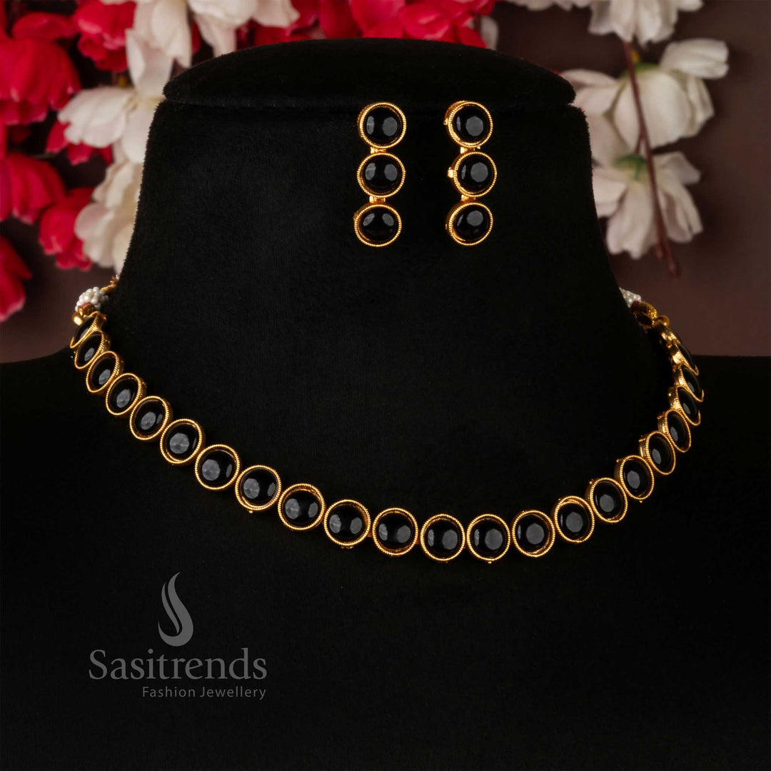 Elegant classic matte gold antique choker necklace jewellery set featuring striking black stone accents and coordinated earrings, designed for sophisticated evening and party wear – Sasitrends