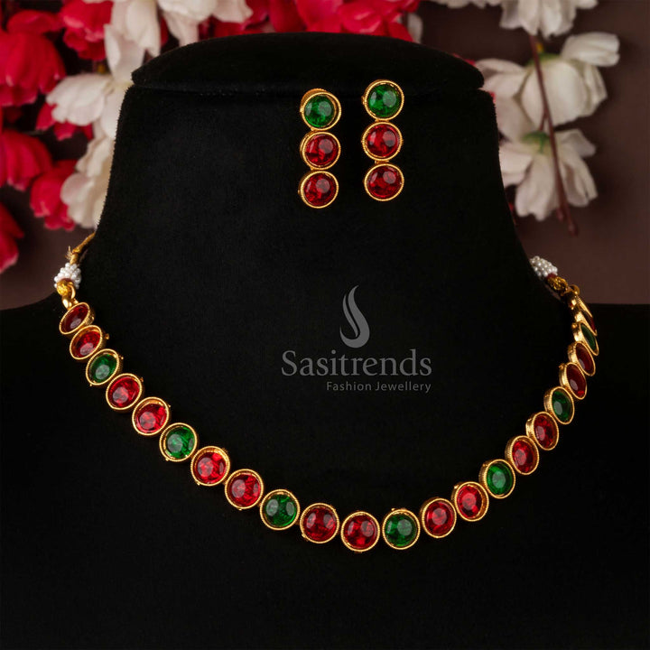 Exquisite classic matte gold antique choker necklace jewellery set showcasing a stunning ruby-green stone combination and coordinated earrings, perfect for festive and bridal wear – Sasitrends