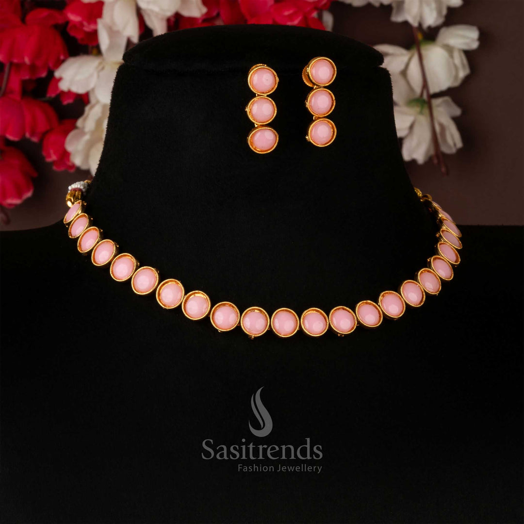 Graceful classic matte gold antique choker necklace jewellery set embellished with soft baby-pink stones and delicate matching earrings, perfect for a subtle yet charming festive appearance – Sasitrends