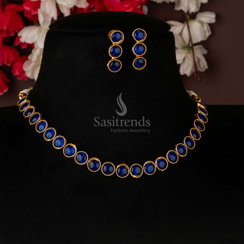 Stunning classic matte gold antique choker necklace jewellery set featuring royal blue stone details and coordinated earrings, ideal for traditional ceremonies and elegant gatherings – Sasitrends