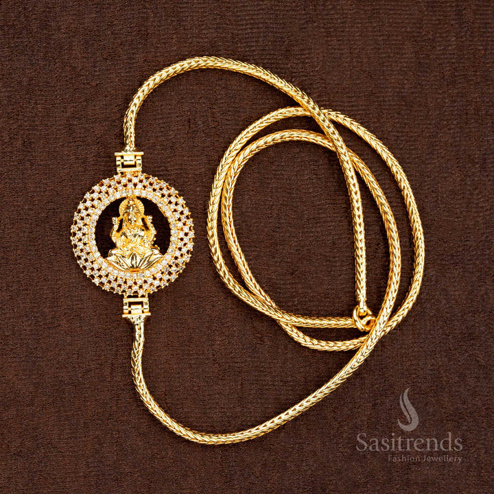 Heritage inspired Lakshmi mugappu chain featuring a micro gold plated guaranteed shine and sparkling white stone design, a cultural jewellery highlight with timeless appeal – Sasitrends