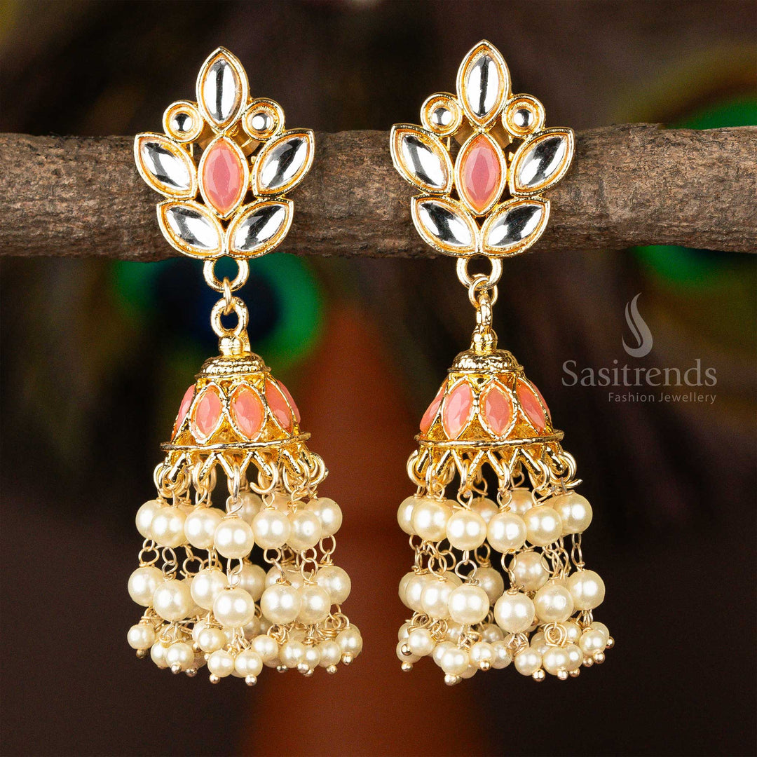 Latest Gold Plated Pink and White Kundan Jhumka Earrings Sasitrends Online Shopping