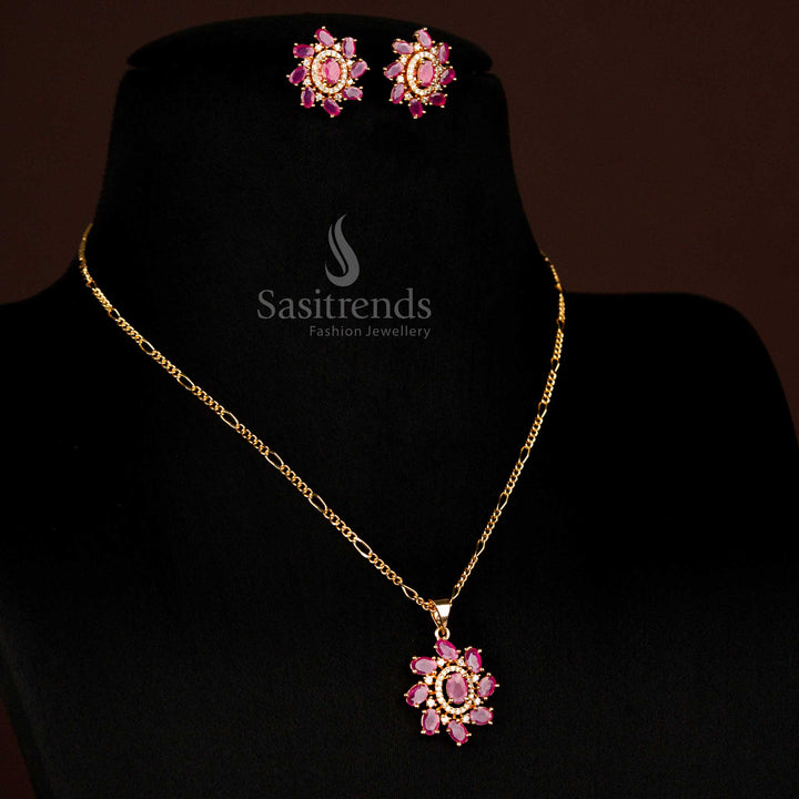 Divine micro gold plated American diamond oval stone necklace in white ruby with earrings for cultural and traditional events - Sasitrends