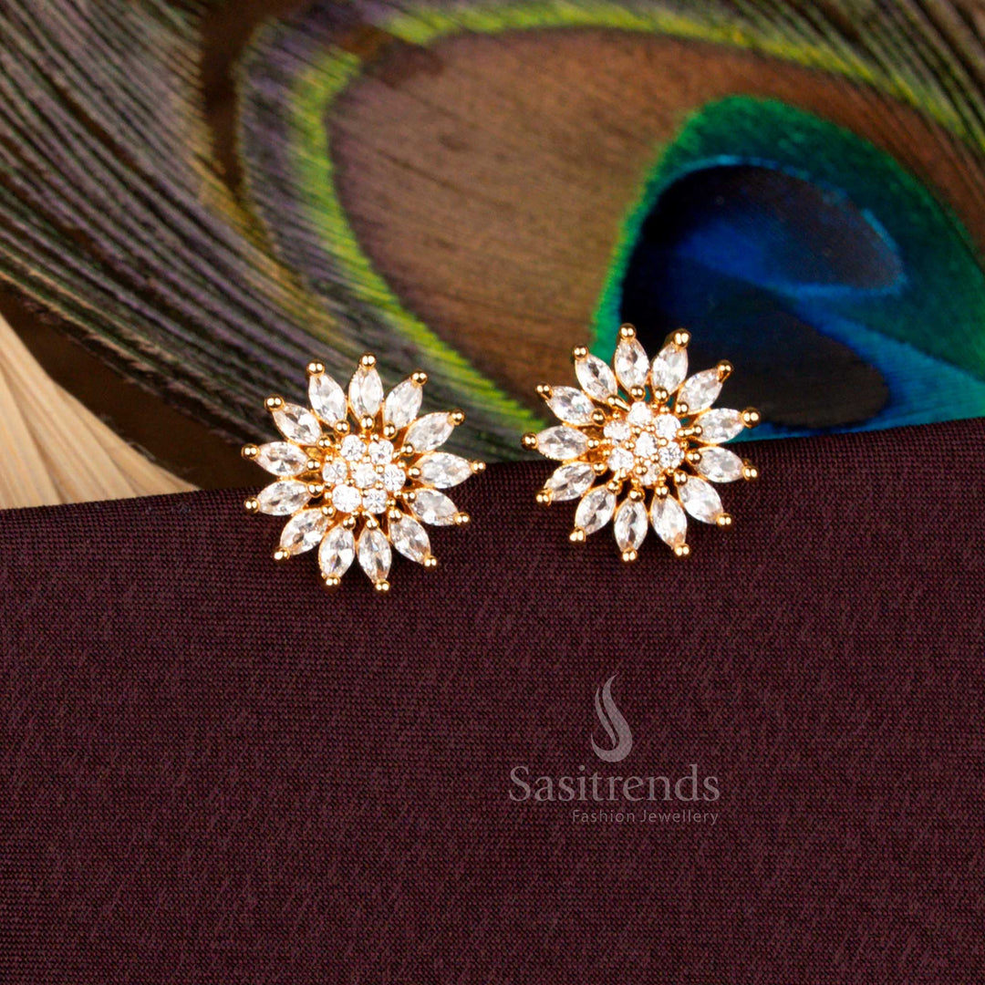 Radiant white floral AD stud earrings finished in micro gold plating with a 24 carat pure gold aura, crafted for cultural events, bridal receptions, and traditional festive occasions - Sasitrends