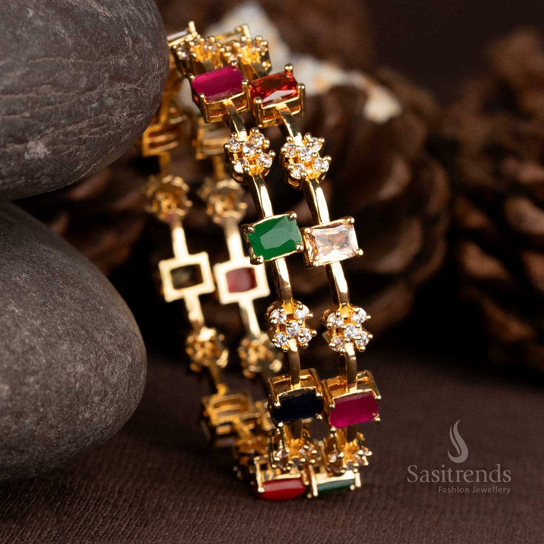 Regal one gram gold plated Navarathna bangles set showcasing elegant square designs and dazzling AD stone accents, crafted for timeless grace and premium festive jewellery allure – Sasitrends