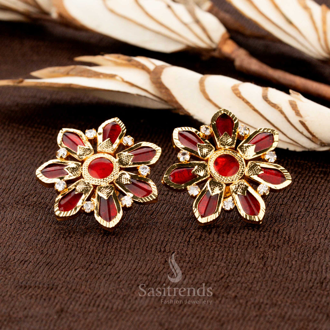 Stunning micro gold plated red Palakka 7 Nagapadam earrings with a striking center round design and dazzling AD stone accents - Sasitrends