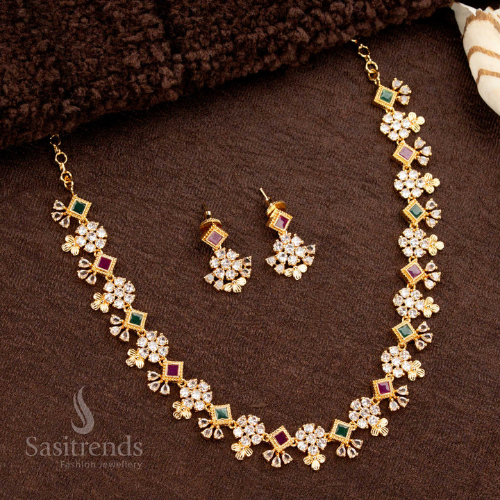 Gorgeous American Diamond Micro Gold Plated Multi-Color Stone Necklace Jewellery Set – Floral Cluster Design with Square Accents - Sasitrends