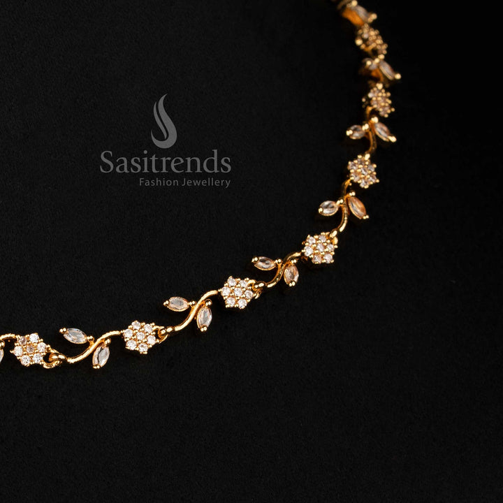 Elegant floral vine design micro gold plated necklace adorned with sparkling American diamonds and matching earrings, a graceful jewellery set for weddings and festive style – Sasitrends