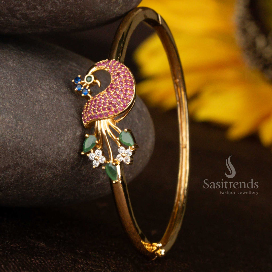 Regal 24K gold finish American Diamond openable bracelet with intricate peacock design and multi-colour CZ stones – Authentic gold shine and traditional ethnic jewellery charm guaranteed to look like real gold – Sasitrends