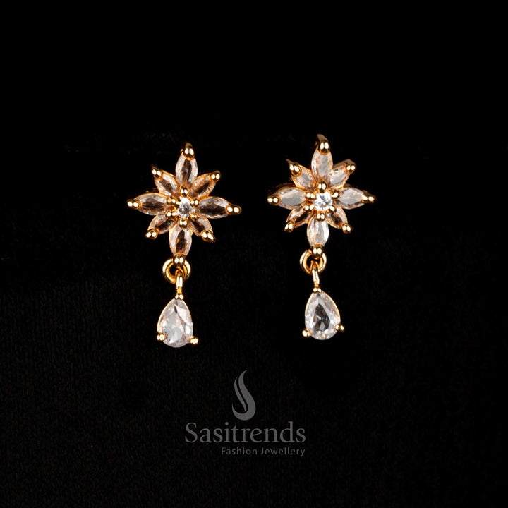 Elegant guaranteed micro gold American Diamond earrings in pure white, styled with marquise stone leaf clusters and a graceful floral vine teardrop motif for timeless bridal brilliance – Sasitrends
