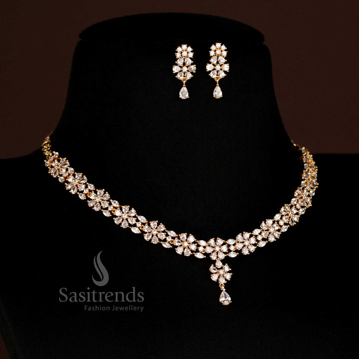 Guaranteed Micro Gold Plated White American Diamond Floral Necklace Jewellery Set with Drop for Bridal Wear