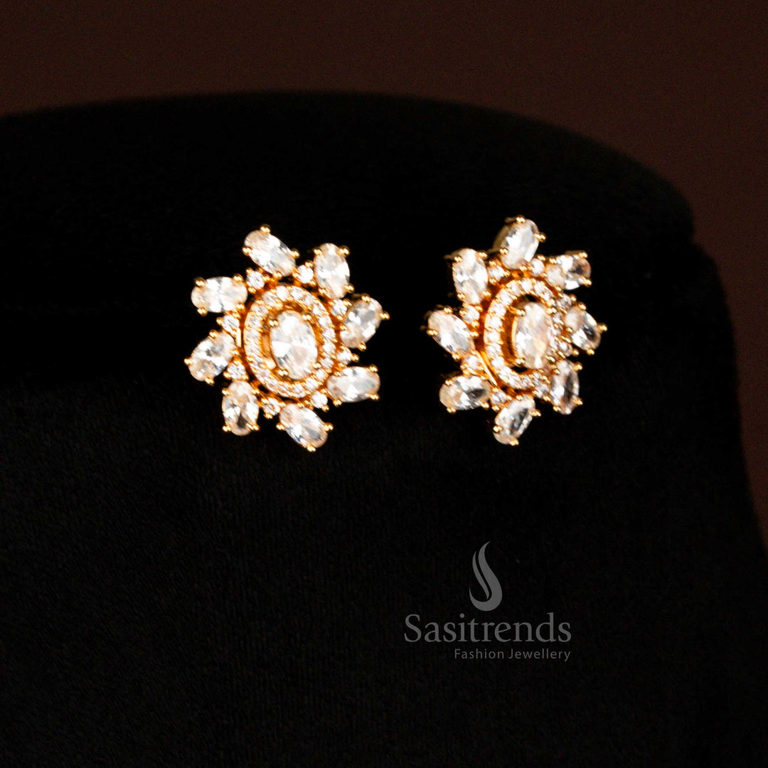 Serene micro gold plated American diamond oval stone earrings in white for wedding and bridal style - Sasitrends