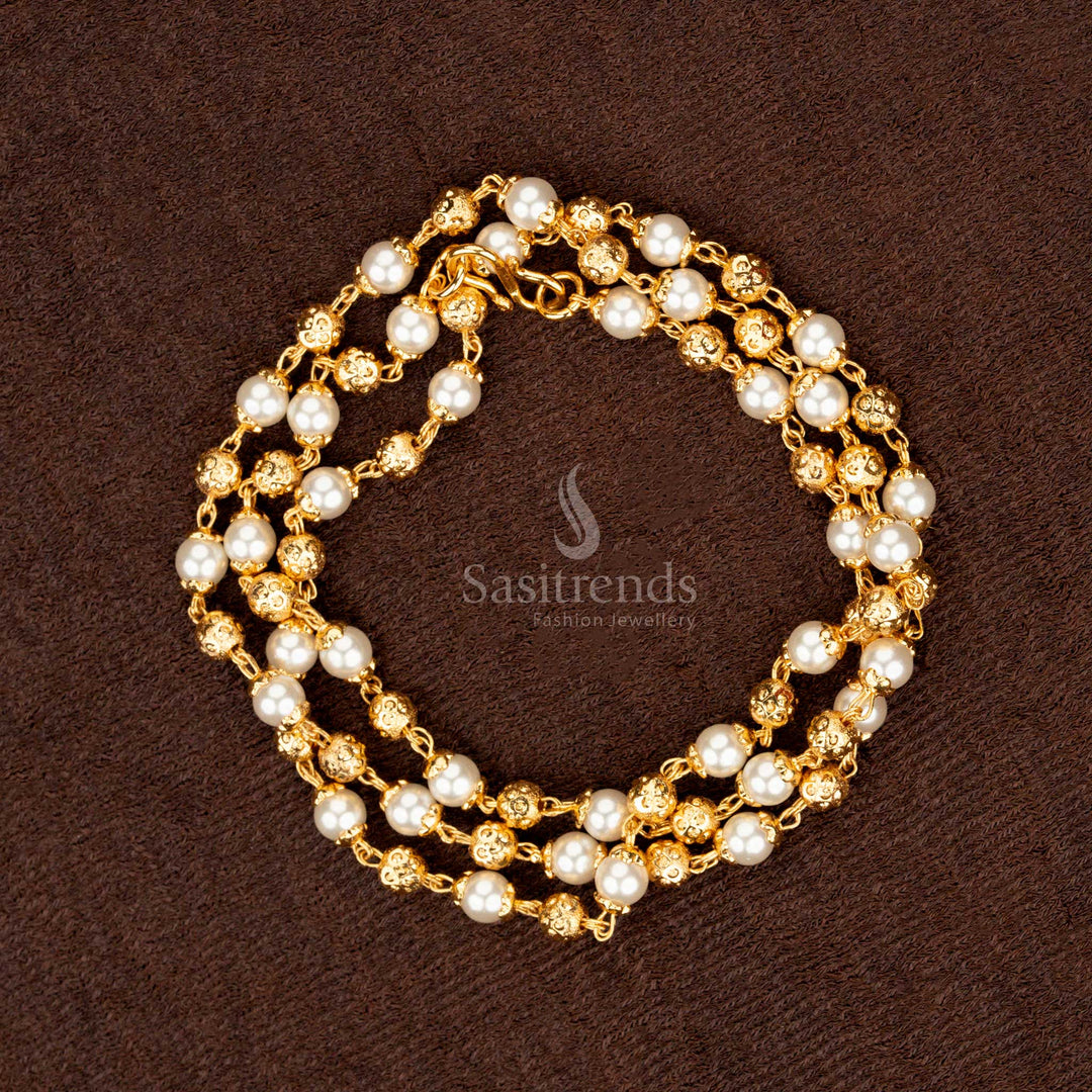 Opulent 5MM Golden Ball and Pearl Chain – Finely Crafted Micro Gold Finish Ethnic Necklace Jewellery for Bridal and Festive Wear- Sasitrends