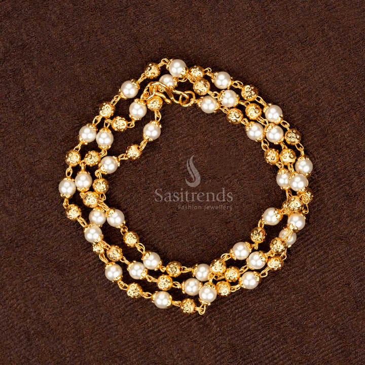 Opulent 5MM Golden Ball and Pearl Chain – Finely Crafted Micro Gold Finish Ethnic Necklace Jewellery for Bridal and Festive Wear- Sasitrends