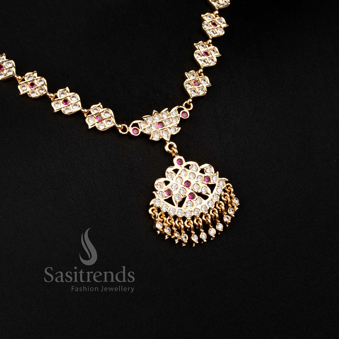 Opulent white-ruby AD necklace micro gold plated by Impon, featuring a designer pendant and bead hangings for luxurious occasions – Sasitrends