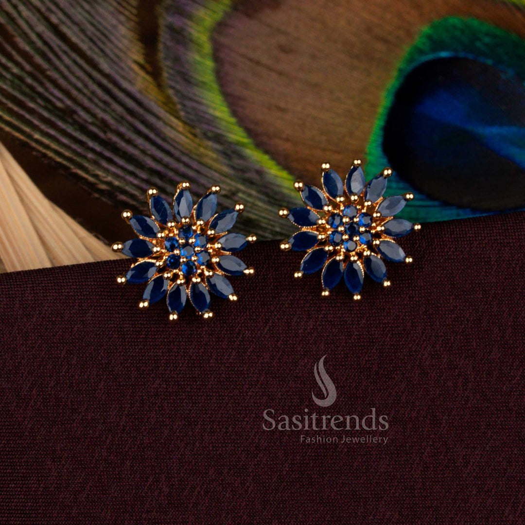 Elegant blue floral AD stud earrings in micro gold plated one gram finish glowing in pure gold brilliance, designed for cultural functions, party wear, and wedding receptions - Sasitrends