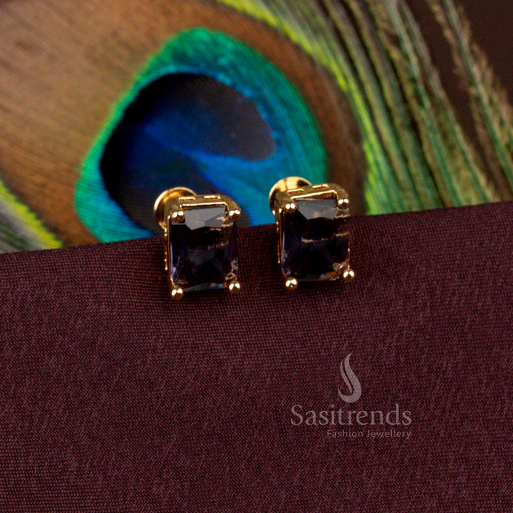Majestic micro gold plated rectangular AD stud earrings in royal purple glow with 24 carat pure gold look crafted for temple jewellery style, party events, and traditional wear - Sasitrends