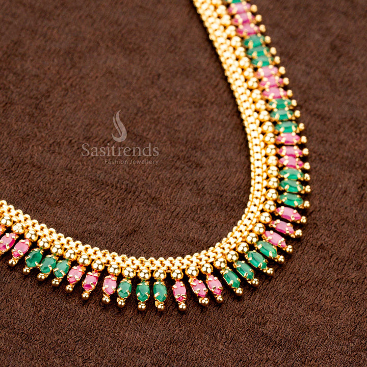 Royal ethnic micro gold plated necklace featuring shimmering ruby-green AD stones and an intricate drop ball pattern, a perfect accessory for weddings - Sasitrends